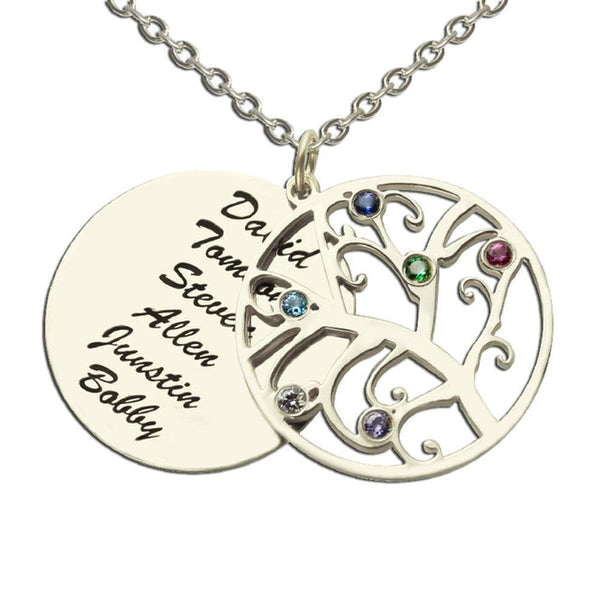 Personalized Necklace Tree of Life and Birthstone - Round Name Necklace Plate with Engraved 6 Stones Best Gift for Mother Grandma