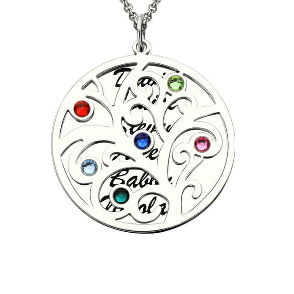 Personalized Necklace Tree of Life and Birthstone - Round Name Necklace Plate with Engraved 6 Stones Best Gift for Mother Grandma