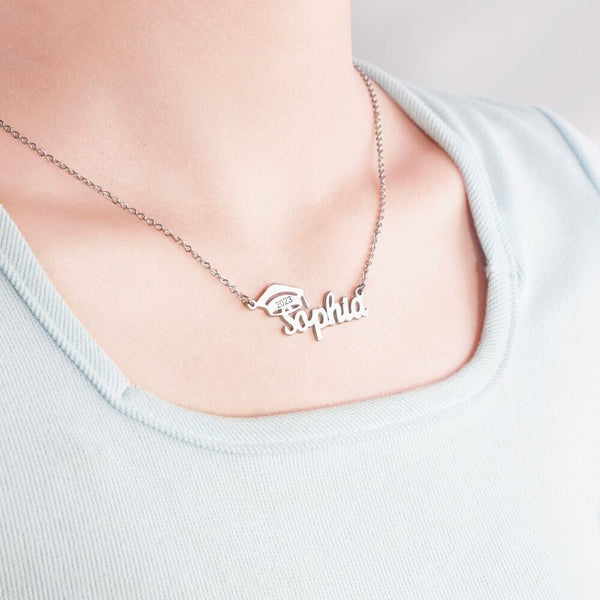 Personalized Graduation Necklace, Custom Bachelor Cap Name Necklace