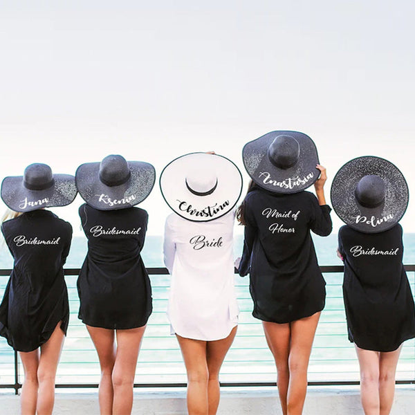 Bachelorette Hats With Black Borders, Bridesmaids Sun Hats with names, Bachelorette Beach Hats