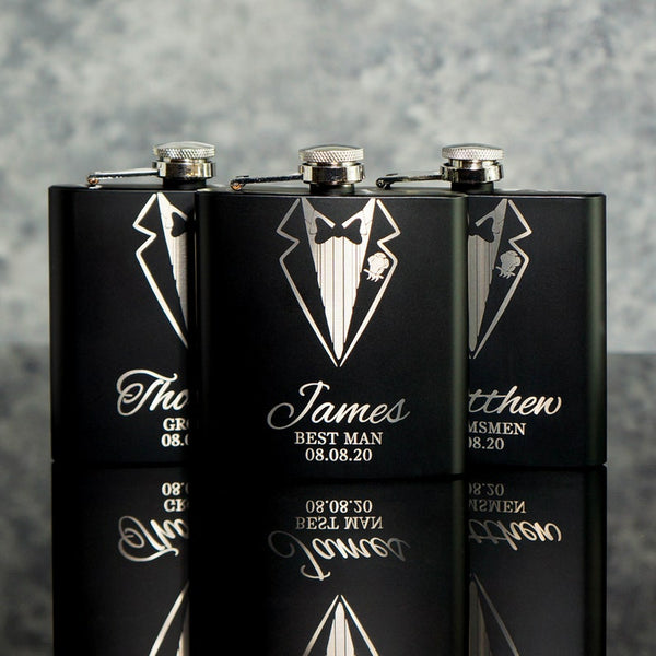 Tuxedo Groomsmen Best Man Usher Groom Gift Personalised Matte Black 8oz Hip Flask