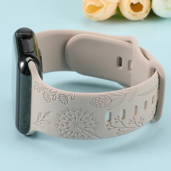 Floral Engraved Band for Apple Watch Bands Women, Silicone Dandelion Flower Pattern Bracelet for iWatch Series SE/7/6/5/4/3/2/1