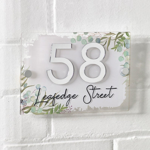 House Sign Eucalyptus Contemporary Acrylic Door Number Bespoke Modern House Plaque