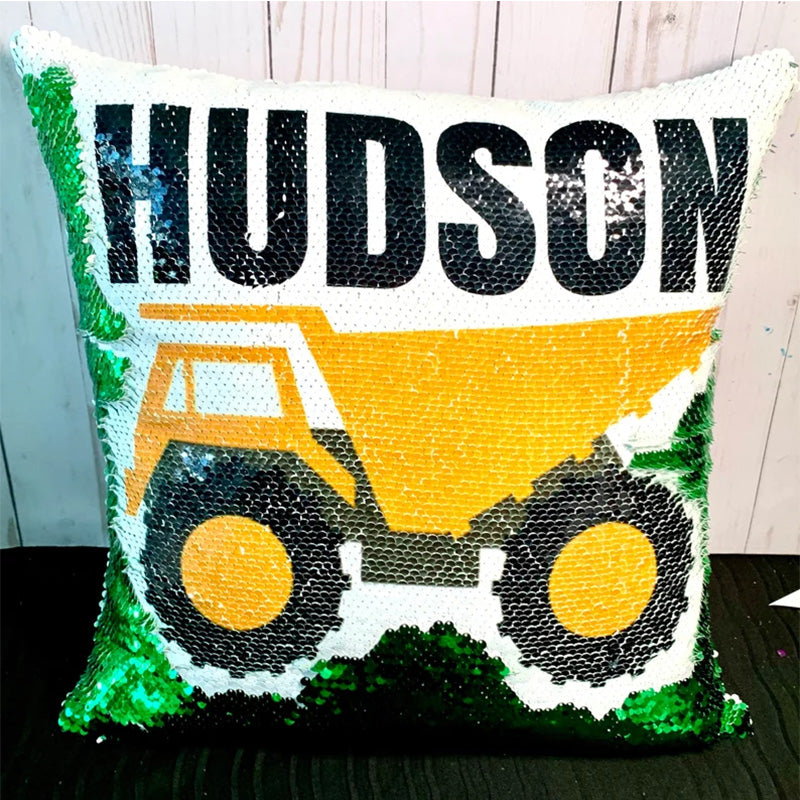 Dump Truck Custom Mermaid Pillow Two Tone Sequin Flip Throw Pillow - Construction Vehicle