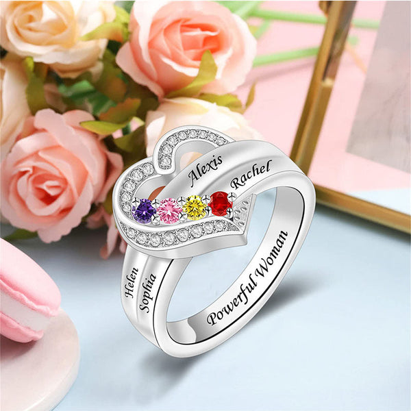 Engraved Heart Birthstone Ring Birthstone Ring with Kids' Names Customized 1-8 Names Ring