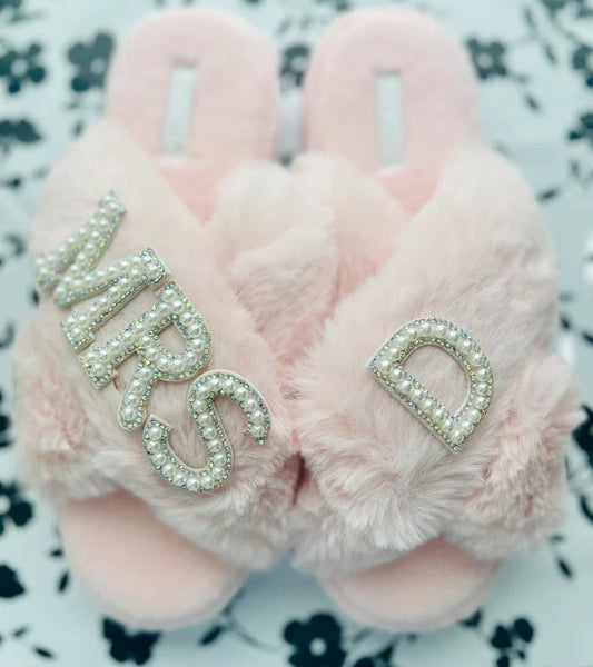 Faux Fur Bridal Slippers| I Do Slippers|Customized Slippers|Pearl Rhinestone Slippers