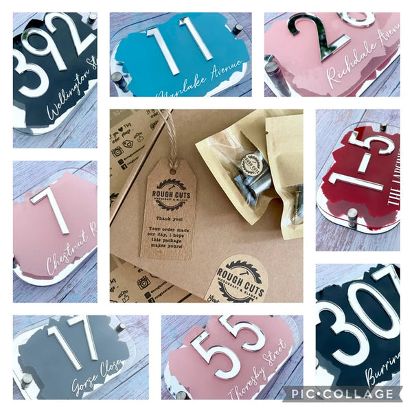 House Sign, mirror door number plaque, Personalised with Cream paint.