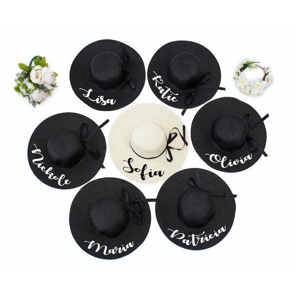 Custom Floppy Hats with black ribbons, Bridesmaids Sun Hats,hats with names, Bachelorette hats