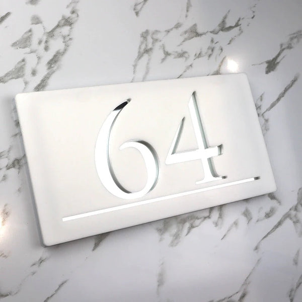 Laser Cut Matt White & Silver Mirror Floating House Signs Door Address Laser Numbers Plaque