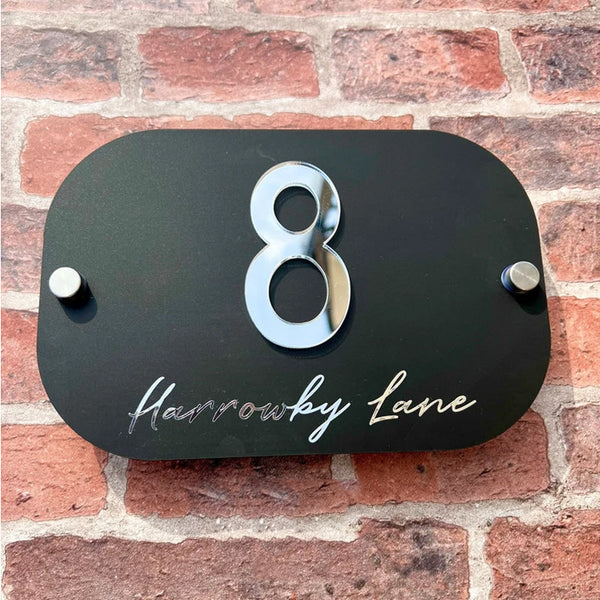 House Number Sign, Round edge personalised standoff plaque, mirror door number