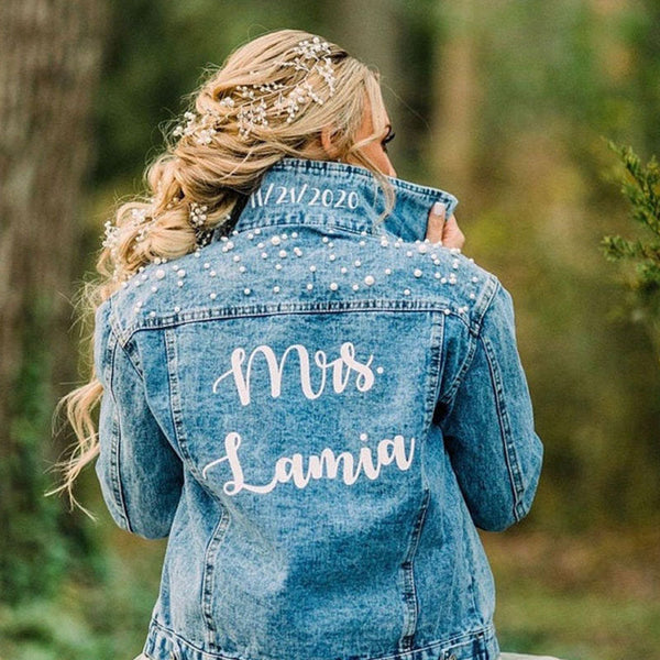 Custom Bridal Jacket, Custom Pearl Denim Jacket Future Mrs, Wedding jackets, Wifey jacket