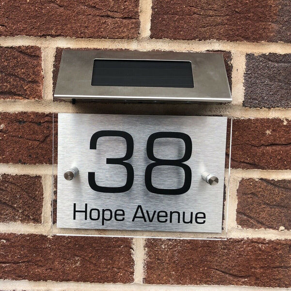 Modern House Sign plaque door number street glass led solar light