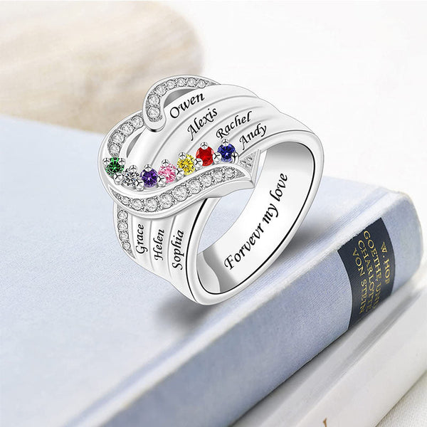 Engraved Heart Birthstone Ring Birthstone Ring with Kids' Names Customized 1-8 Names Ring