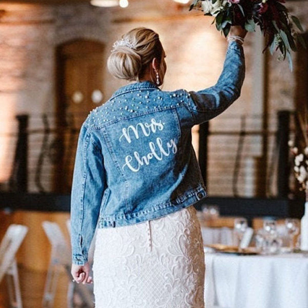 Custom Bridal Jacket, Custom Pearl Denim Jacket Future Mrs, Wedding jackets, Wifey jacket