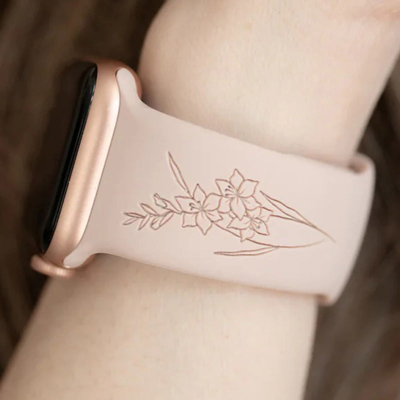 Birth Flower Gift For Her, Custom Women's Watch Band, Personalized Engraved Watch Strap Compatible with Apple Watch