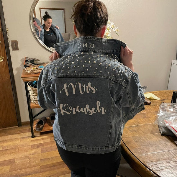 Custom Bridal Jacket, Custom Pearl Denim Jacket Future Mrs, Custom jacket, Wedding jackets, Wifey jacket, Bridal Jacket