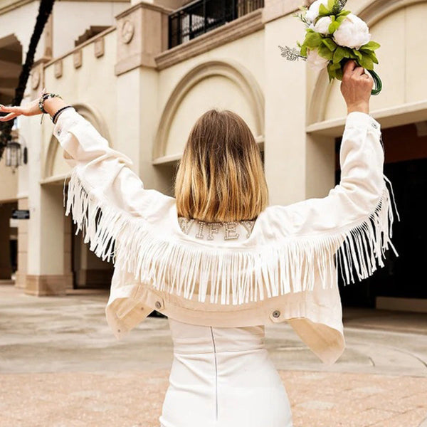 White Custom Bridal Jacket with Fringes, Wedding Customized Denim jacket, Pearls Jacket with fringes, Mrs. Denim Custom Jacket-fringes pearl