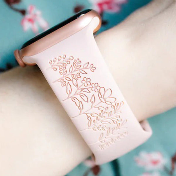 Wildflowers Floral Engraved Watch Strap Compatible with Apple Watch, Floral Watch Band