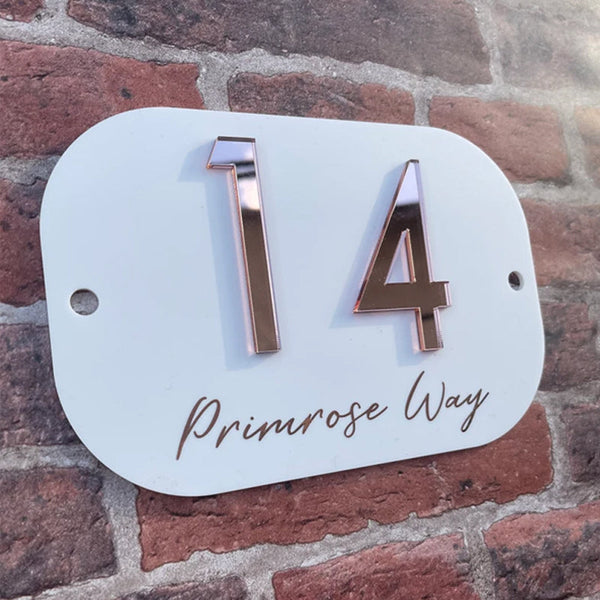 House Number Sign, Round edge personalised standoff plaque, mirror door number