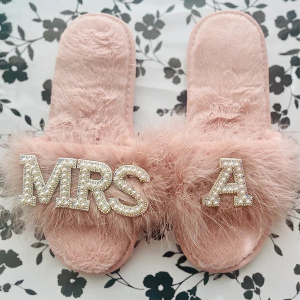 Feather Bride Slippers| I Do Slippeers|Customized Slippers|Peal Rhinestone Slippers