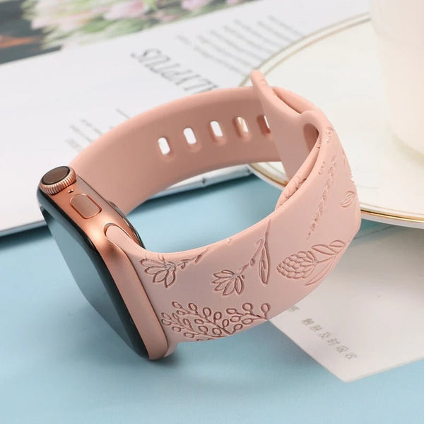 Floral Engraved Band for Apple Watch Bands 38mm 42mm Women, Silicone Dandelion Flower Pattern Bracelet for iWatch