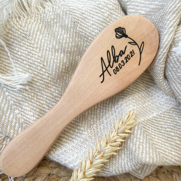 Personalized wooden baby hairbrush - Birth gift idea - Customizable soft bristle brush with first name - Baptism gift