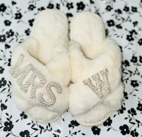 Faux Fur Bridal Slippers| I Do Slippers|Customized Slippers|Pearl Rhinestone Slippers