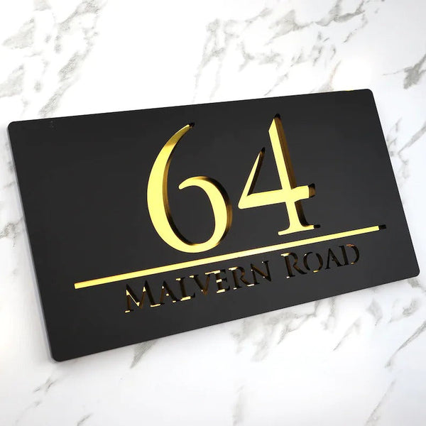 Laser Cut Matt Black & Silver Mirror Floating House Number Sign Door Address Laser Numbers