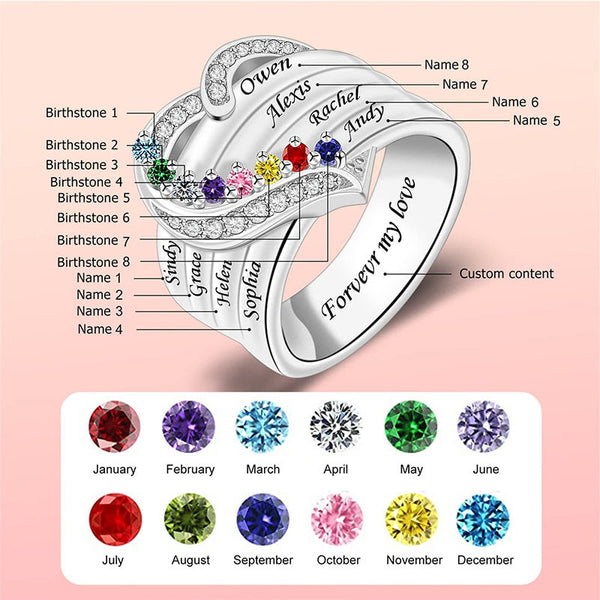 Engraved Heart Birthstone Ring Birthstone Ring with Kids' Names Customized 1-8 Names Ring