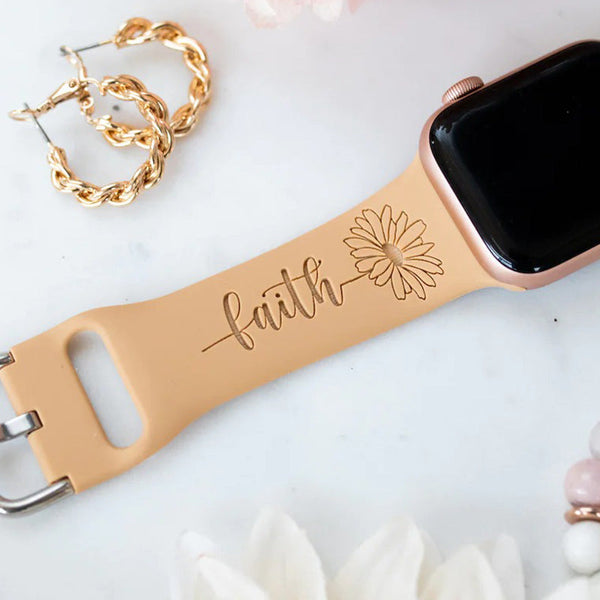 Faith Sunflower Engraved Watch Strap Compatible with Apple Watch, Faith Watch Band, Women's Watch Band