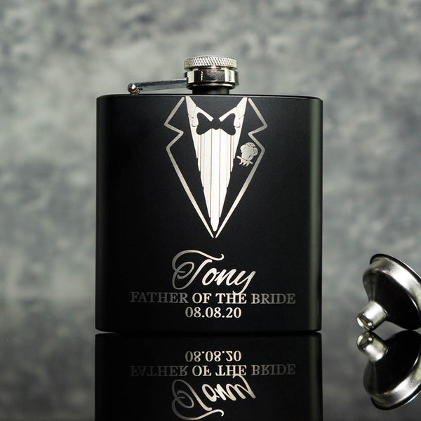 Tuxedo Groomsmen Best Man Usher Groom Gift Personalised Matte Black 8oz Hip Flask