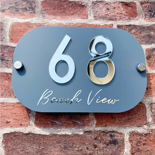 House Number Sign, Round edge personalised standoff plaque, mirror door number