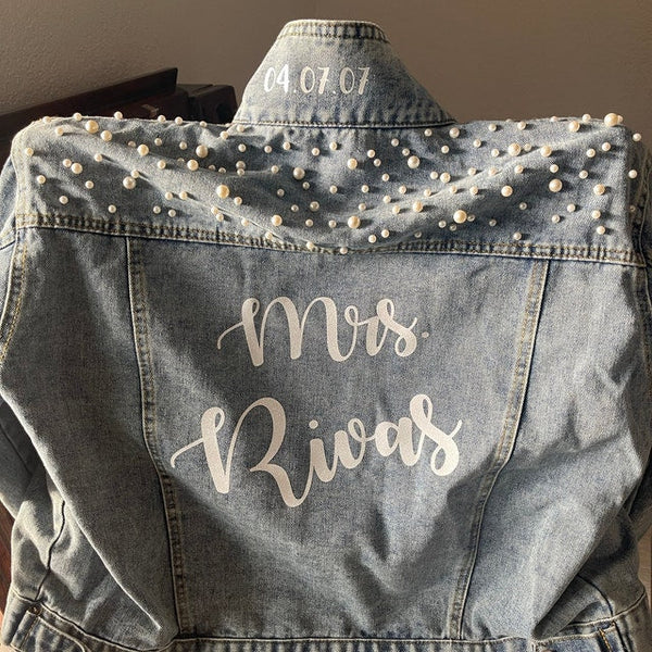 Custom Bridal Jacket, Custom Pearl Denim Jacket Future Mrs, Custom jacket, Wedding jackets, Wifey jacket, Bridal Jacket