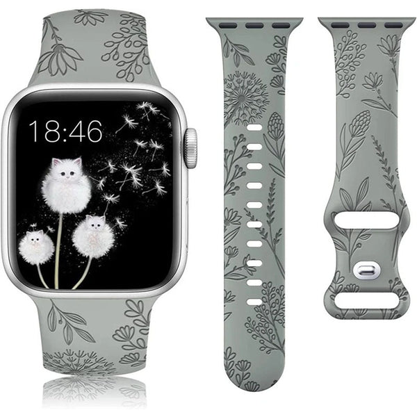 Floral Engraved Band for Apple Watch Bands Women, Silicone Dandelion Flower Pattern Bracelet for iWatch Series SE/7/6/5/4/3/2/1