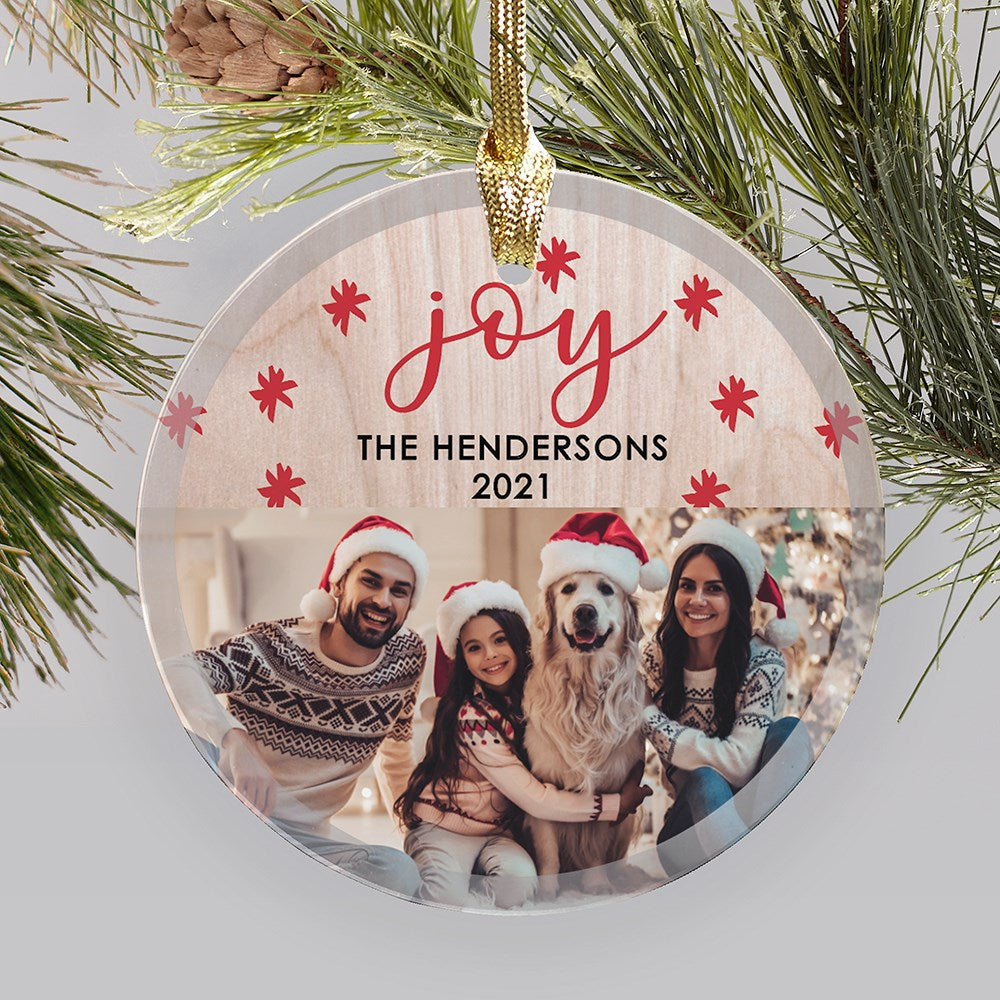 Personalized Joy Wood Background Round Acrylic Ornament