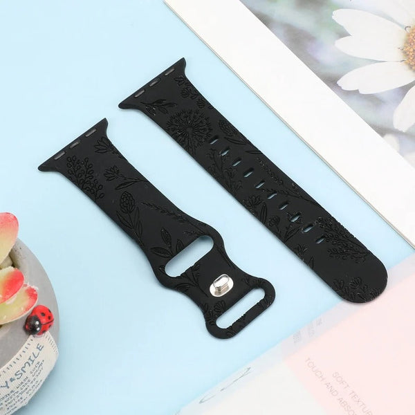 Floral Engraved Band for Apple Watch Bands 38mm 42mm Women, Silicone Dandelion Flower Pattern Bracelet for iWatch