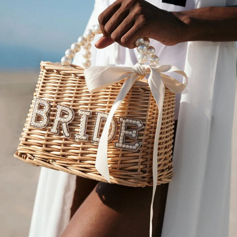 Bride Custom Beach Bag with Pearls and Bow, Personalized Straw Bag, Bridal Shower Bag