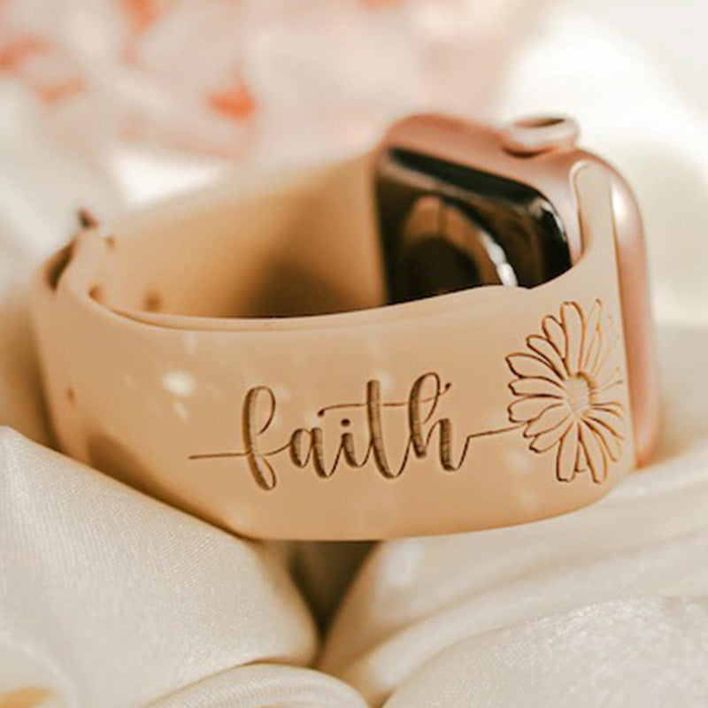 Faith Sunflower Engraved Watch Strap Compatible with Apple Watch, Faith Watch Band, Women's Watch Band