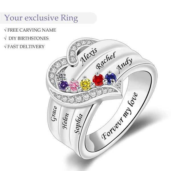 Engraved Heart Birthstone Ring Birthstone Ring with Kids' Names Customized 1-8 Names Ring