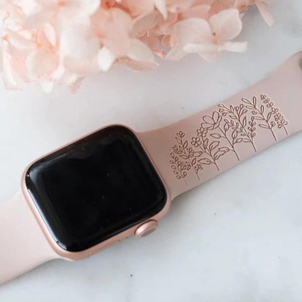 Wildflowers Floral Engraved Watch Strap Compatible with Apple Watch, Floral Watch Band