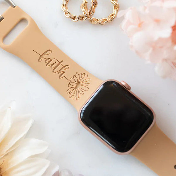 Faith Sunflower Engraved Watch Strap Compatible with Apple Watch, Faith Watch Band, Women's Watch Band