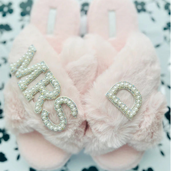 Faux Fur Bridal Slippers| I Do Slippers|Customized Slippers|Pearl Rhinestone Slippers