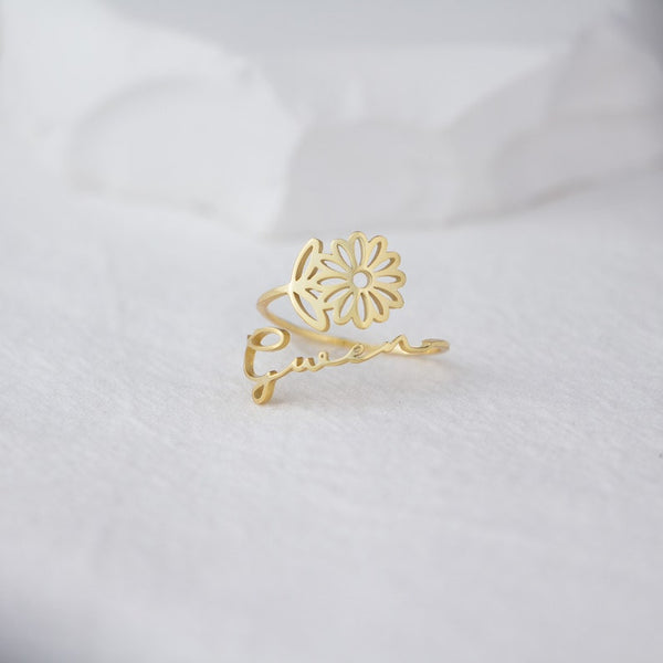 Birth Flower Name Ring in Gold / Silver / Rose Gold, Dainty Handmade Personalized Custom Ring